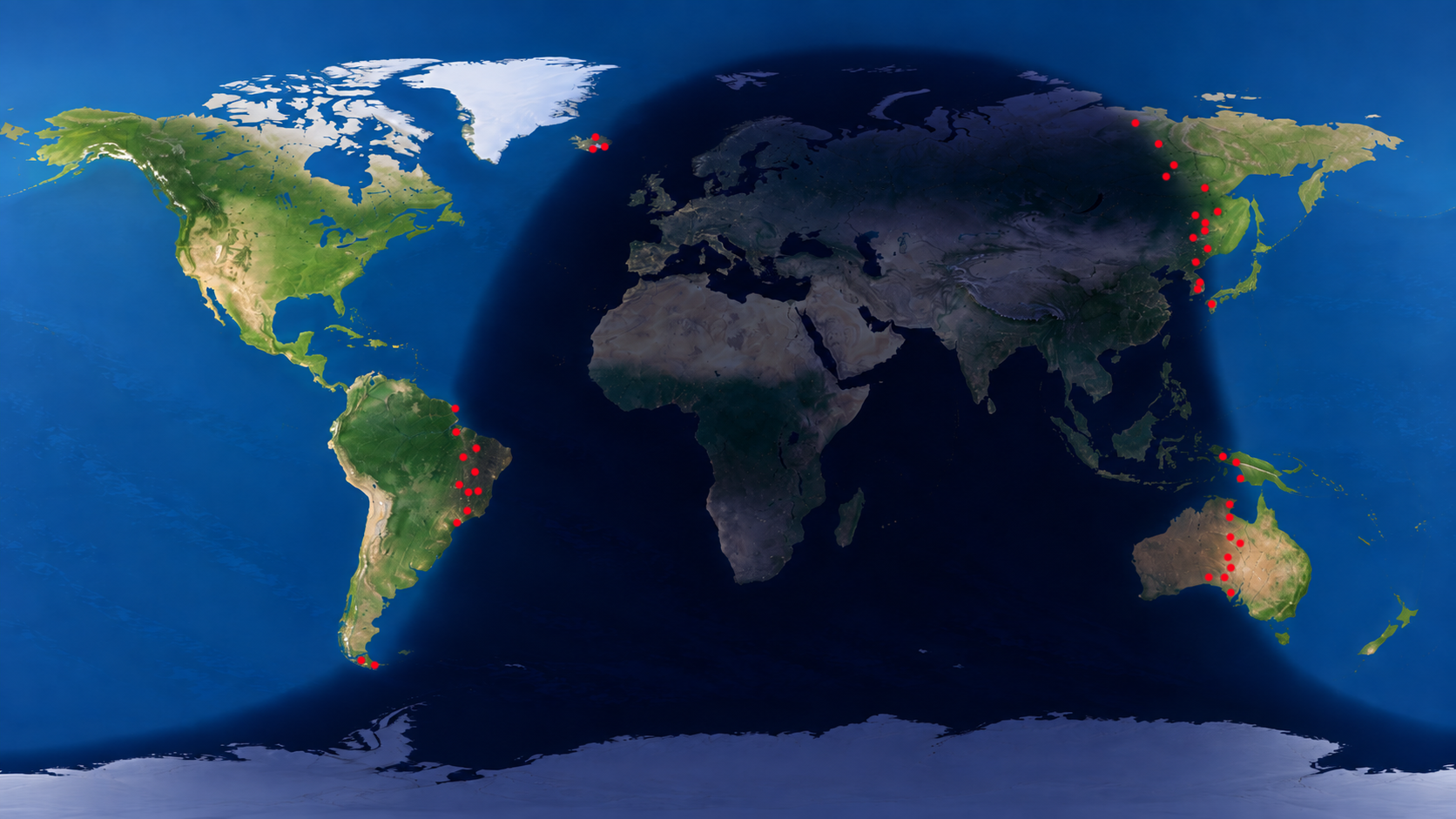 AweBreak world map concept showing the day and night boundary with shared photo locations near sunrise and sunset